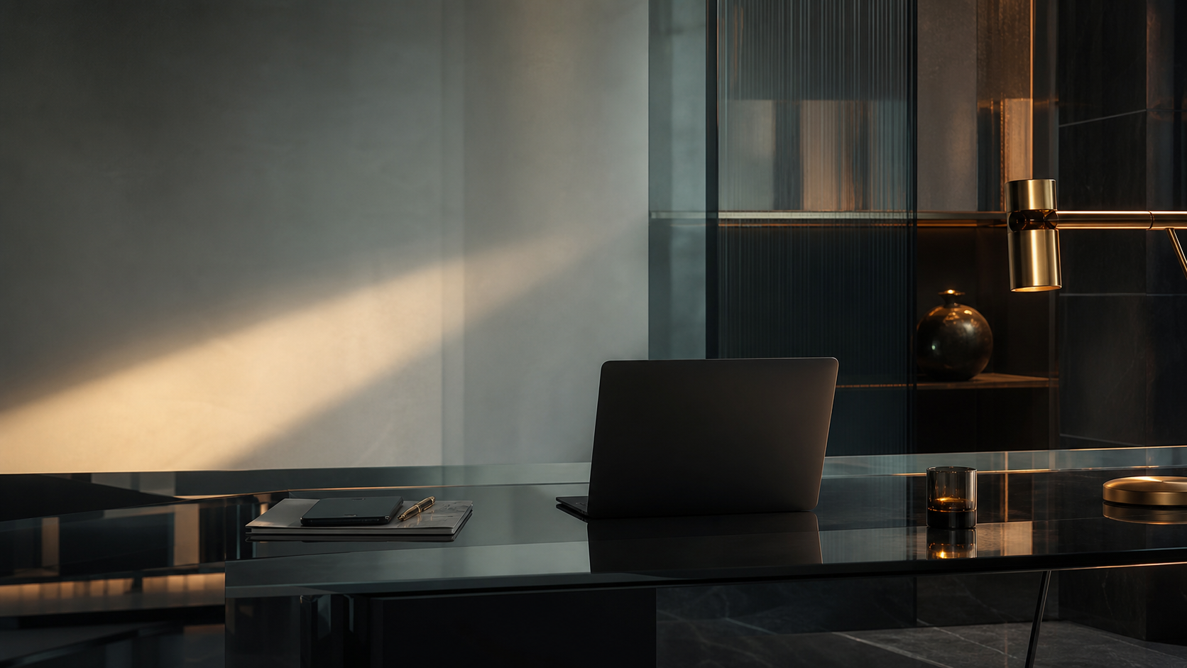 Premium abstract workspace with glass, light, and refined materials